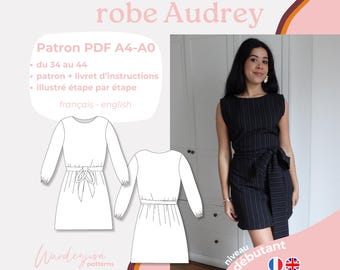 Vestido Audrey - Patrón francés A4/A0, solo patrón de vestido en PDF listo para imprimir, tallas 34 a 44, patrón imprimible