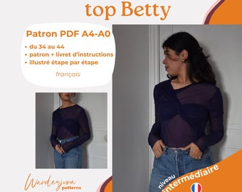 Puede incluir: Un top azul marino de manga larga con un detalle retorcido en la parte delantera. La imagen incluye el texto "top Betty", "Patron PDF A4-A0" y "niveau intermédiaire". El top se combina con unos vaqueros azules. También está presente el texto "Wardejsiva patterns".