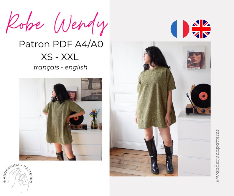 Wendy dress pattern A4/A0 French & English SEWING PATTERN OVERALLS, ready to print, dress sewing pattern image 1