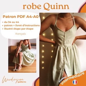 Może przedstawiać: Zielona sukienka zapinana na guziki, z dopasowanym gorsetem i rozkloszowaną spódnicą. Sukienka jest pokazana na modelce na jasnym tle. Tekst "robe Quinn" znajduje się w górnej części obrazu. Tekst "Patron PDF A4-A0" znajduje się w ramce w lewym górnym rogu obrazu. Tekst "du 34 au 44" znajduje się na liście pod ramką. Tekst "patron + livret d'instructions" znajduje się na liście pod ramką. Tekst "illustré étape par étape" znajduje się na liście pod ramką. Tekst "français" znajduje się pod listą. Tekst "Wardenjina patterns" znajduje się w lewym dolnym rogu obrazu. Tekst "niveau intermédiaire" znajduje się w prawym dolnym rogu obrazu. Tekst "intermédiaire" znajduje się w ramce z francuską flagą.