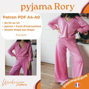 May include: A pink pyjama set with a V-neck top and wide-leg trousers. The pattern includes instructions for sizes 34 to 44 and is illustrated step-by-step. The pattern is available in French.