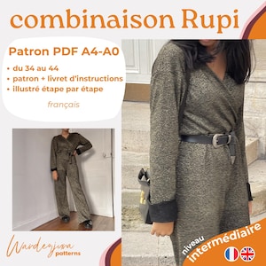 Peut inclure: Une combinaison dorée et noire avec un haut cache-cœur et une ceinture noire. L'image comprend le texte "combinaison Rupi" et "Patron PDF A4-A0". La combinaison est montrée sur une personne et dans une petite image. Le texte dit aussi "niveau intermédiaire".
