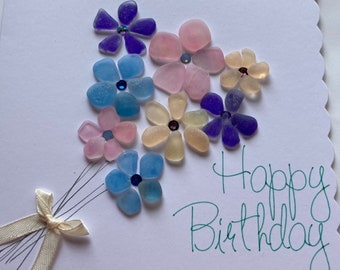 Spring flowers birthday card / flower bouquet card / seaglass flowers / hand painted card / happy birthday card / female birthday