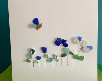 RARE FIND***Blue flower garden / rare blue seaglass card / made in ireland