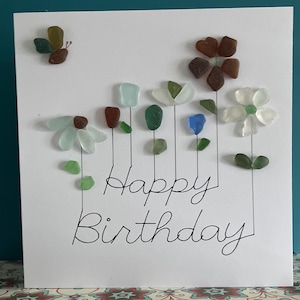 Feliz Aniversário para Você / Cartão de aniversário / Cartão de aniversário feito à mão / Cartão Seaglass / Flores / Feito na Irlanda