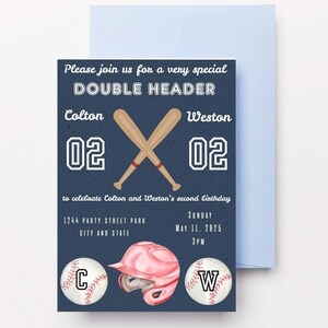 May include: Baseball-themed birthday invitation with a blue background. The invitation features two crossed baseball bats, two baseballs with the letters "C" and "W", and the text "DOUBLE HEADER" in white letters. The invitation is for Colton and Weston's second birthday party.