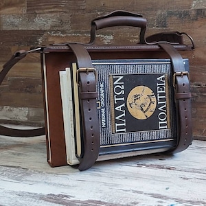 Leather Book Carrier with Handle & Shoulder Strap – Adjustable Book Holster for Hands-Free Reading Transport – Handmade Gift.