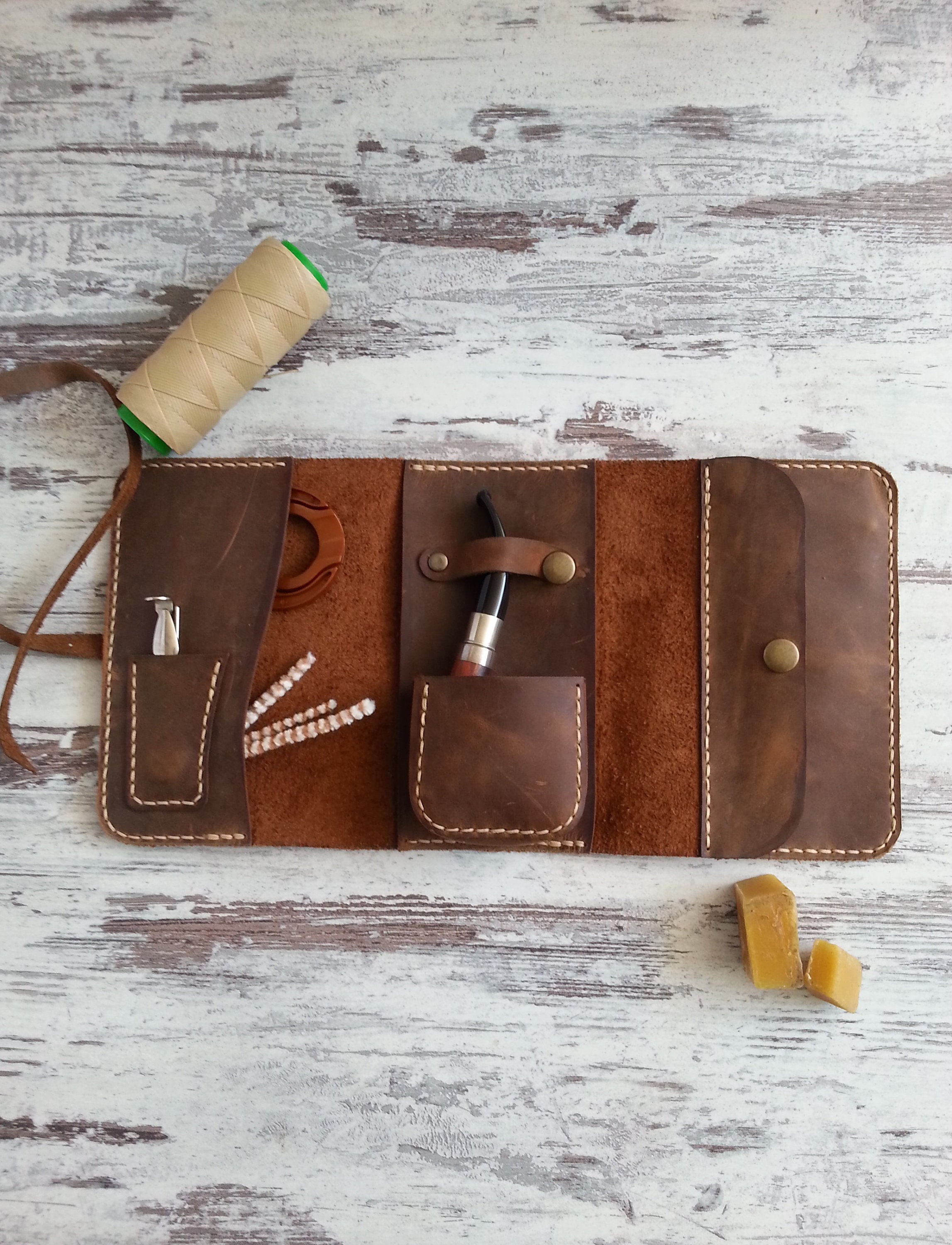 Handmade Leather Pipe Pouch – Roll-Up Tobacco Holster – Vintage Pipe Case – Gift for Pipe Smokers.