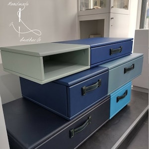 Può includere: Un set di cinque cassetti impilati in diverse tonalità di blu e verde. I cassetti hanno maniglie in pelle e sono in legno. Il cassetto superiore è uno scaffale con schienale aperto.