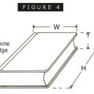 Puede incluir: Un dibujo lineal en blanco y negro etiquetado como FIGURE 4 que muestra un libro con un borde de lomo. El diagrama incluye l&iacute;neas de dimensi&oacute;n marcadas con W para ancho y H para altura, ilustrando c&oacute;mo medir las dimensiones del libro.