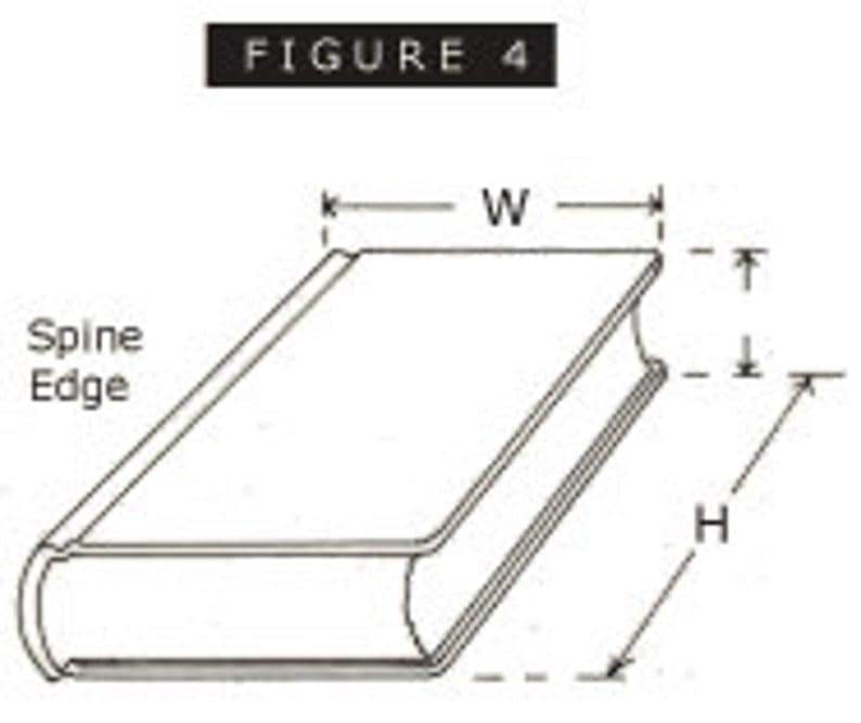 Puede incluir: Un dibujo lineal en blanco y negro etiquetado como FIGURE 4 que muestra un libro con un borde de lomo. El diagrama incluye l&iacute;neas de dimensi&oacute;n marcadas con W para ancho y H para altura, ilustrando c&oacute;mo medir las dimensiones del libro.