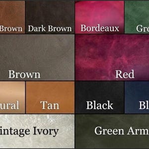 Puede incluir: Una carta de colores que muestra doce muestras de cuero etiquetadas como Light Brown, Dark Brown, Bordeaux, Green, Brown, Red, Natural, Tan, Black, Blue, Vintage Ivory y Green Army, cada una con textura y tono distintos.