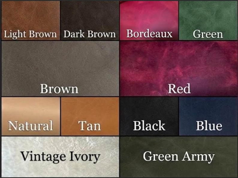 Puede incluir: Una carta de colores que muestra doce muestras de cuero etiquetadas como Light Brown, Dark Brown, Bordeaux, Green, Brown, Red, Natural, Tan, Black, Blue, Vintage Ivory y Green Army, cada una con textura y tono distintos.