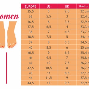 May include: A chart showing women's shoe size conversions between European, US, and UK sizes. The chart also includes the corresponding heel-to-toe length in centimeters.