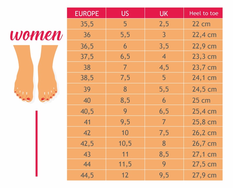 May include: A chart showing women's shoe size conversions between European, US, and UK sizes. The chart also includes the corresponding heel-to-toe length in centimeters.