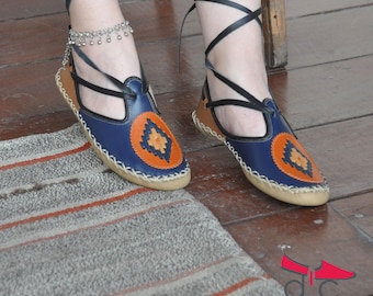 Handgefertigte Leder Barfußschuhe: Dunkelblaue Türkische Jemenitische Mokassins