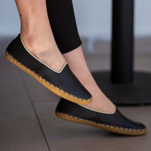 Leather black barefoot  women moccasions, Earthing soles, soft leather loafers, Turkish yemeni shoes, Minimalistic artisanal footwear