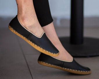 Black Leather Barefoot Loafers: Turkish Yemeni Earthing Shoes