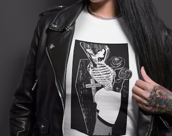 Unisex White Goth T-shirt. Coffin T-shirt. Gothic clothes.