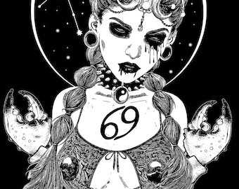 Dark Cancer Zodiac Print, Goth Art Poster