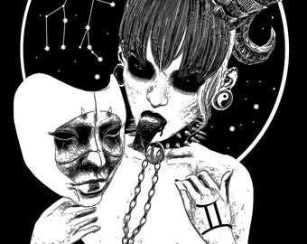 Dark Gemini Art Print, Zodiac Poster, A4