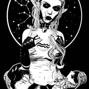 Dark Aquarius. Dark Zodiac. Zodiac Poster. Goth Print.