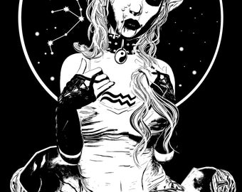 Dark Aquarius Art Print, Gothic Zodiac Poster (A4)