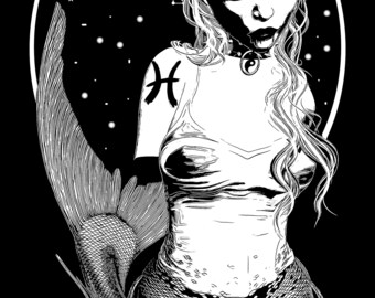 Dark Pisces Art Print, Goth Zodiac Poster