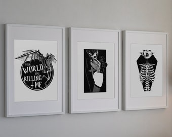 Gothic Art Prints, Set of Three, Goth Home Decor