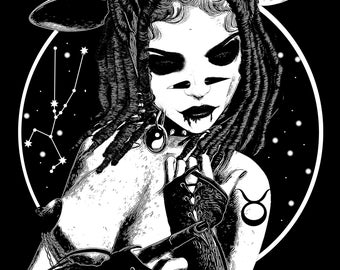 Dark Taurus Art Print, Goth Zodiac Poster