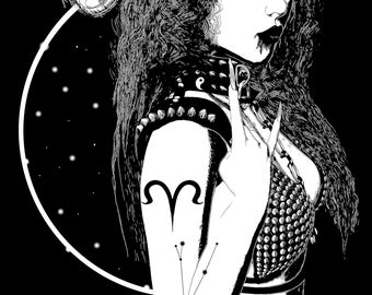 Dark Aries Art Print, Gothic Zodiac Poster