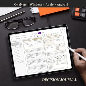 May include: A digital tablet displaying a decision journal template with a handwritten note on the screen. The tablet is on a black surface with a calculator and a pen.