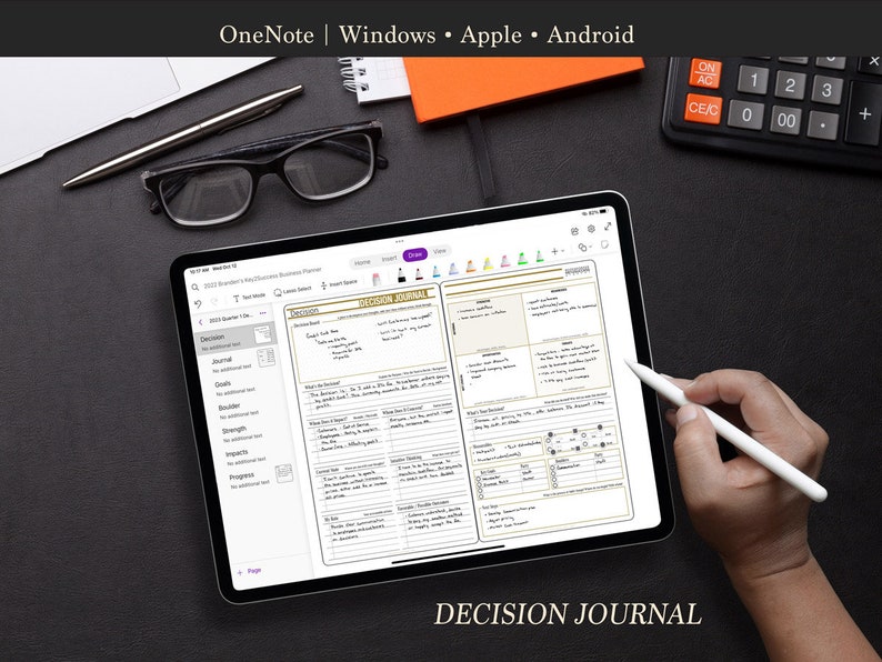 May include: A digital tablet displaying a decision journal template with a handwritten note on the screen. The tablet is on a black surface with a calculator and a pen.