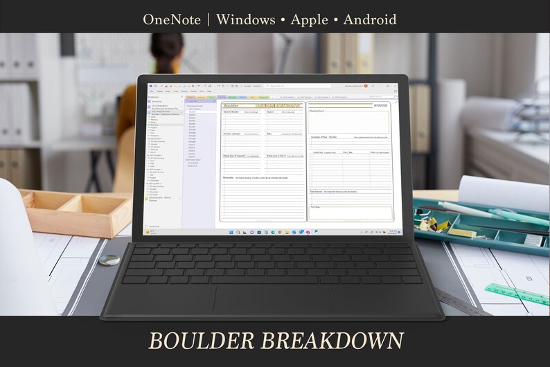 May include: A laptop computer displaying a digital planner with the title "Boulder Breakdown". The planner is divided into sections for "Goal Setting", "Tasks", and "Notes".