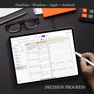 May include: A digital tablet displaying a decision progress tracker with columns for potential, journal, goals, roadblocks, strengths, impacts, and progress. The tablet is on a black surface with a stylus and a calculator.