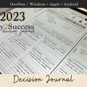 May include: A close-up of a page from a decision journal with the title "Decision Journal" and the year "2023" at the top. The page is divided into sections with headings such as "What's the Decision?", "Who Does It Concern?", "Intuitive Thinking", "Favorable/Possible Outcomes", and "What's Your Decision?"