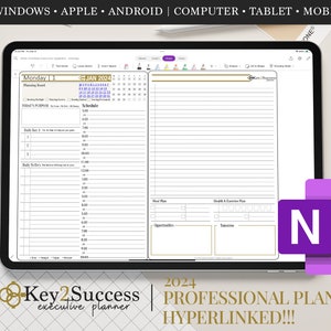 May include: A digital planner app on a tablet screen. The app is open to a daily planner page with a schedule, to-do list, and meal and exercise plans. The app is called "Key 2 Success Executive Planner" and is hyperlinked. The app is compatible with Windows, Apple, Android, Computer, Tablet, and Mobile.