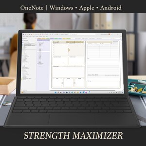 May include: A laptop computer displaying a digital planner with the text "STRENGTH MAXIMIZER" on the screen. The planner is open to a page with a section for listing strengths and another section for brainstorming ideas.