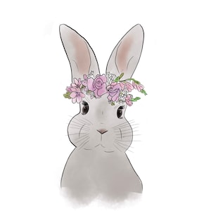 Enchanting Rabbit Elegance: Digital Print Nursery Decor with Flower Crown