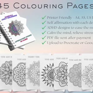 Può includere: Un set di 45 pagine da colorare stampabili con mandala e affermazioni positive. Le pagine sono progettate per aiutare a calmare la mente e alleviare lo stress. Il testo sulla copertina recita "Mandala Adult Coloring Affirmation Words 45 Pages".