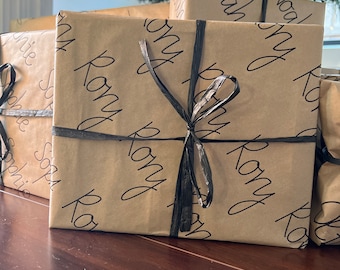 Distinctive Personalized Wrapping Paper: Name or Text Handwritten in Elegant Black Ink for Thoughtful Gift-Giving"
