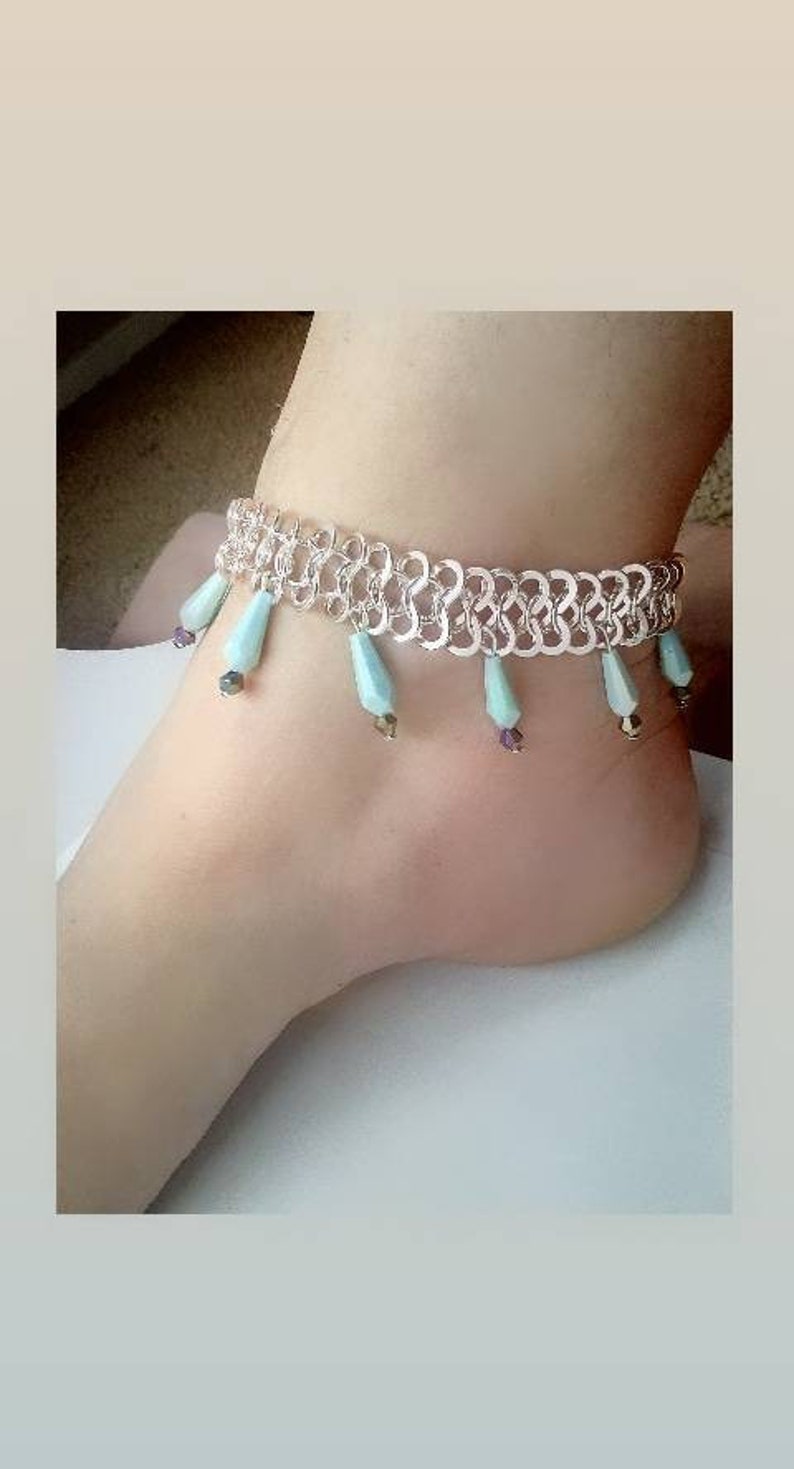Chunky Glass Blue Charm Anklet in Sterling Silver Plate