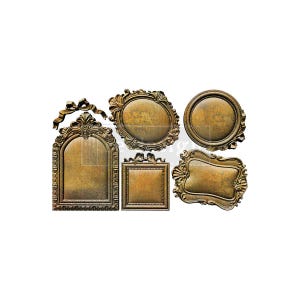 May include: A collection of six ornate, antique-style frames in various shapes, including oval, round, and rectangular. The frames have a distressed, bronze-like finish, with intricate detailing and embellishments. The frames are empty, ready for display.