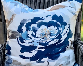 Bancroft Petrol Blue floral sateen luxury cushion backed in Linwood moleskin velvet, includes feather filled inner 50x50cm