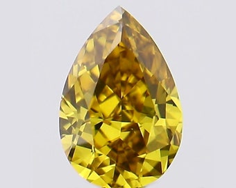 May include: A pear-shaped yellow diamond gemstone with a brilliant cut. The diamond has a golden yellow hue and is faceted.