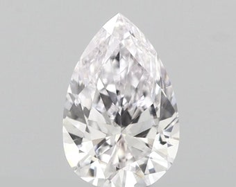 May include: A pear-shaped diamond with a brilliant cut. The diamond is clear and colorless.