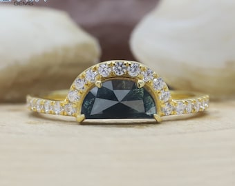 18K Half Moon Blue Diamond Engagement Ring for Unique Wedding Bliss