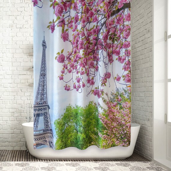 Paris Shower Curtain Eiffel Tower Cherry Blossoms 100 Etsy