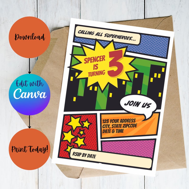 Super Hero Comic Book Birthday Invitation Comics Invitations Editable ...