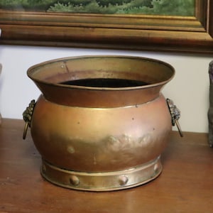 Può includere: Un vaso in metallo color rame con un bordo ampio e svasato e un corpo arrotondato. Il vaso presenta manici decorativi a testa di leone e una base circolare con piccoli rivetti distanziati. L'interno appare scuro.